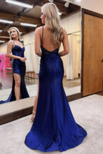 Load image into Gallery viewer, Chic Mermaid Spaghetti Straps Open Back Long Satin Prom Dress with Beading
