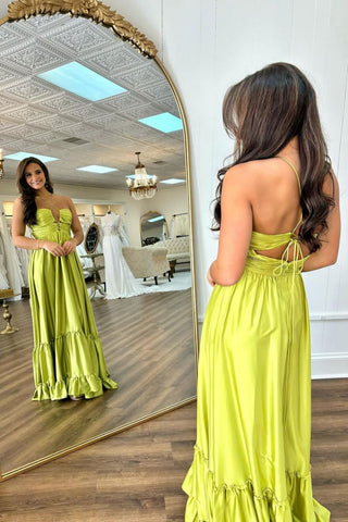 Chic Yellow A-Line Spaghetti Straps Lace Up Long Satin Prom Dress