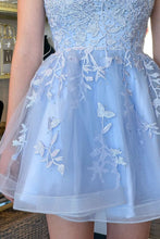 Load image into Gallery viewer, Cute A-Line Light Blue Spaghetti Straps Lace Up Tulle Homecoming Dress
