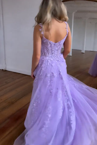 Purple A-Line Spaghetti Straps Zipper Back Long Tulle Prom Dress With Appliques