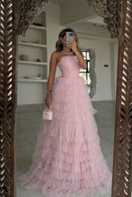 Load image into Gallery viewer, Cute Pink A-Line Strapless Lace Up Long Layered Tulle Prom Dress
