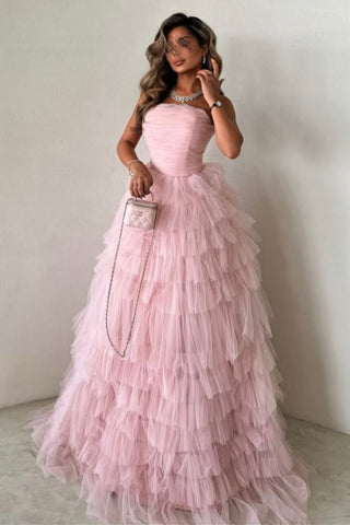 Cute Pink A-Line Strapless Lace Up Long Layered Tulle Prom Dress