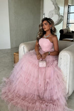 Load image into Gallery viewer, Cute Pink A-Line Strapless Lace Up Long Layered Tulle Prom Dress
