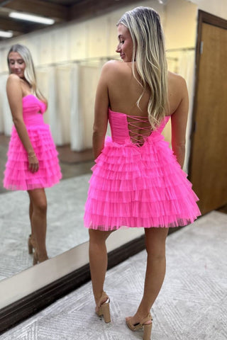 Cute Pink A-Line Sweetheart Lace Up Short Tulle Homecoming Dress