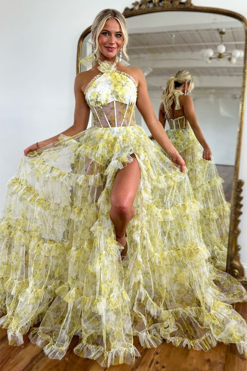 Beaded Halter V Neck Gold Yellow Split Prom Dress - Promfy