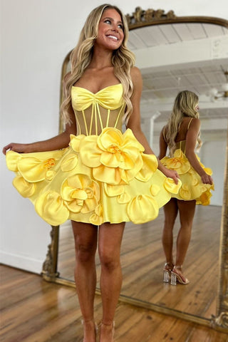 Cute A-Line Spaghetti Straps Short Satin Homecoming Dress With Flowers