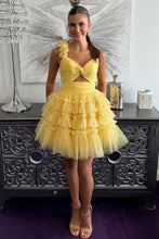 Load image into Gallery viewer, Cute Yellow One Shoulder Lace Up Short Tulle Homecoming Dress
