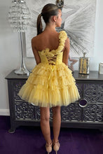 Load image into Gallery viewer, Cute Yellow One Shoulder Lace Up Short Tulle Homecoming Dress
