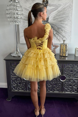 Cute Yellow One Shoulder Lace Up Short Tulle Homecoming Dress