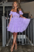 Load image into Gallery viewer, Cute Lilac A-Line Off The Shoulder Lace Up Short Tulle Homecoming Dress
