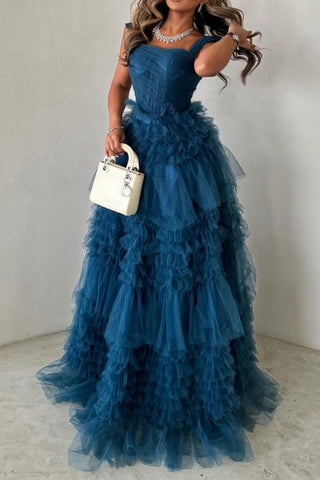 Dark Blue A-Line Straps Long Ruffle Tulle Formal Party Dress