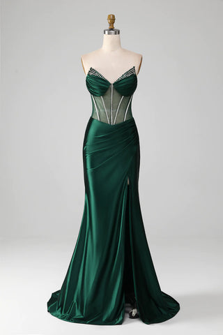 Dark Green Mermaid Strapless Long Corset Prom Dress with Beading