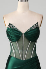 Load image into Gallery viewer, Dark Green Mermaid Strapless Long Corset Prom Dress with Beading
