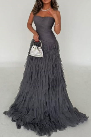 Dark Grey Mermaid Strapless Lace Up Long Ruffle Tulle Formal Party Dress