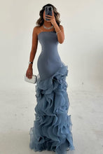 Load image into Gallery viewer, Dusty Blue Mermaid Strapless Lace Up Long Tulle Prom Dress with Ruffle
