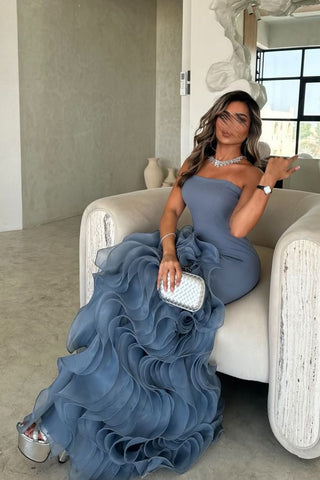 Dusty Blue Mermaid Strapless Lace Up Long Tulle Prom Dress with Ruffle