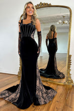 Load image into Gallery viewer, Elegant Black Mermaid Straps Long Sweep Train Velvet and Lace Prom Dress
