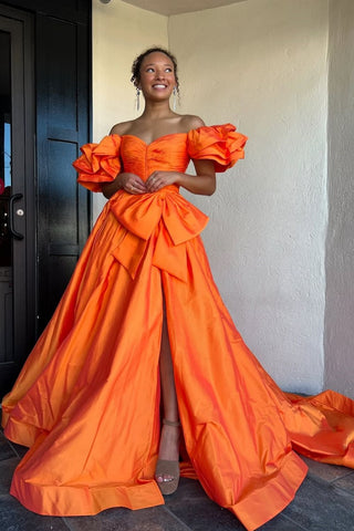 Elegant Orange A-Line Off The Shoulder Long Satin Prom Dress with Bowknot