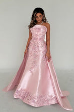 Load image into Gallery viewer, Elegant Pink A-Line Strapless Satin Party Dress with Appliques and Detachable Train
