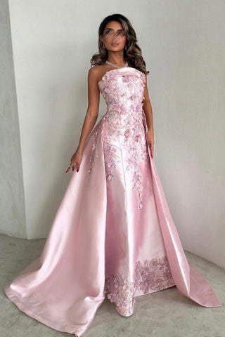 Elegant Pink A-Line Strapless Satin Party Dress with Appliques and Detachable Train