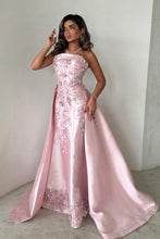 Load image into Gallery viewer, Elegant Pink A-Line Strapless Satin Party Dress with Appliques and Detachable Train
