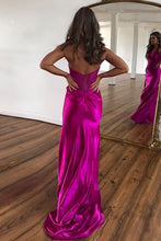 Load image into Gallery viewer, Fuchsia Mermaid Halter Neck Backless Long Satin Prom Dress With Split
