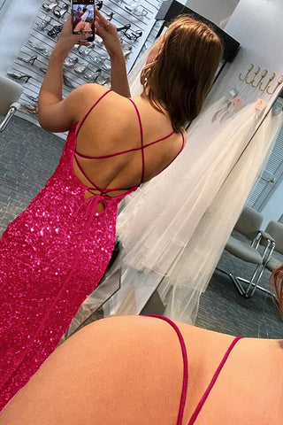 Mermaid Glitter Sequins Sexy Hot Pink Backless Long Prom Dress