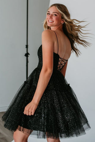 Glitter Black A-Line Spaghetti Straps Lace Up Short Tulle Homecoming Dress