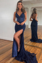 Load image into Gallery viewer, Glitter Navy Mermaid Sweep Train Prom Dress With Slit
