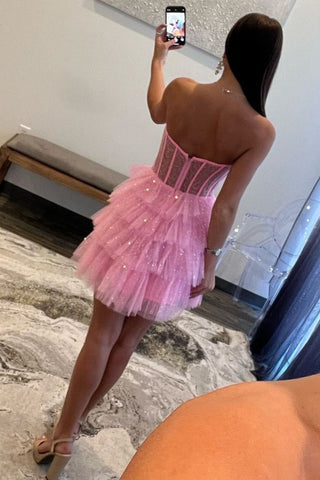 Glitter Pink A-Line Strapless Short Tiered Tulle Homecoming Dress