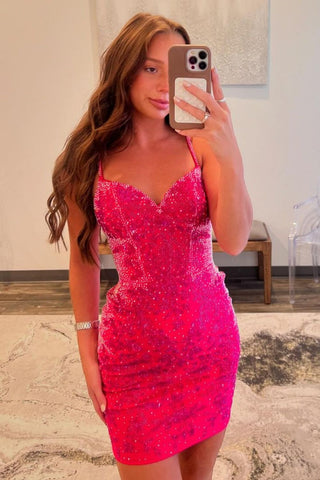 Glitter Hot Pink Bodycon Spaghetti Straps Short Homecoming Dress with Beading