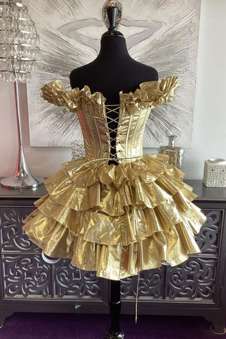 Gold A-Line Off The Shoulder Lace Up Short Tiered Metallic Homecoming Dress