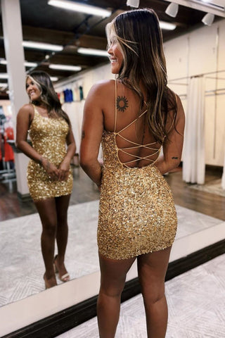 Gold Sequin Bodycon Lace Up Short Homecoming Party Dress