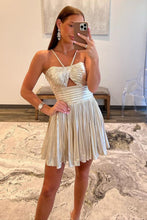 Load image into Gallery viewer, Gold A-Line Halter Neck Short Metallic Homecoming Dress
