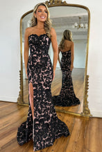 Load image into Gallery viewer, Gorgeous Black Mermaid Sweetheart Long Prom Dress with Appliques and Slit
