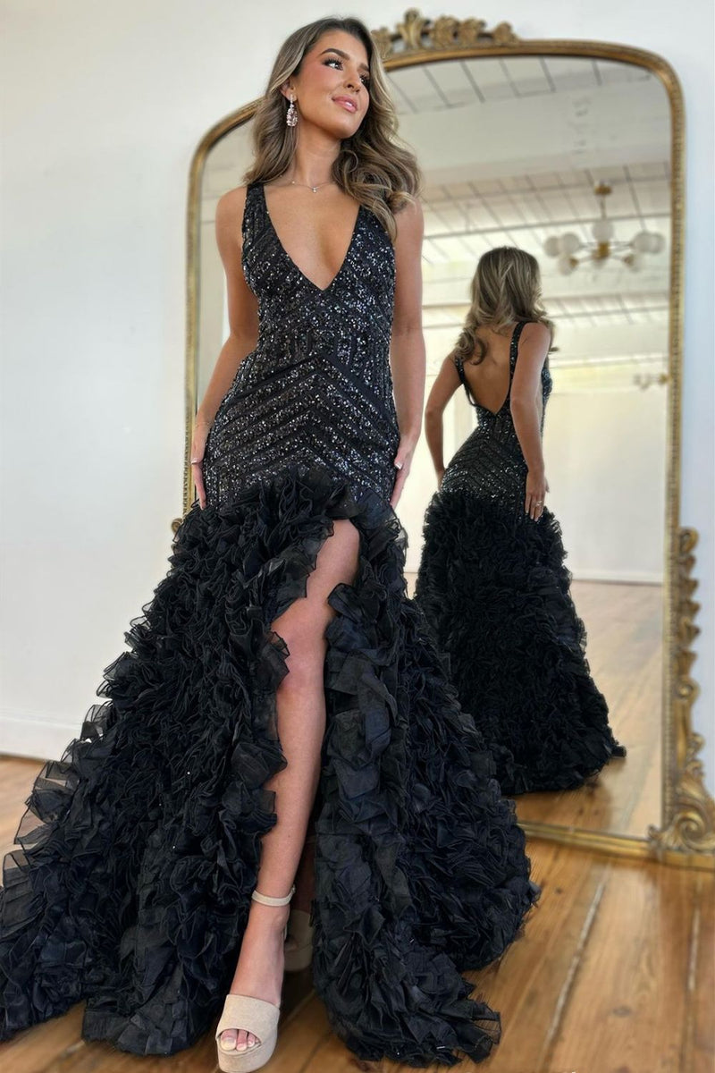 Luuvis Gorgeous Black Mermaid V-Neck Long Sequin Prom Dress With Ruffles