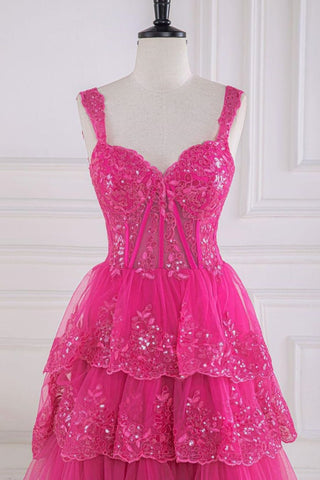 Gorgeous Fuchsia A-Line Off The Shoulder Long Tiered Prom Dress With Appliques