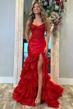 Load image into Gallery viewer, Glitter Red Mermaid Strapless Long Tiered Sequin And Satin Prom Dress
