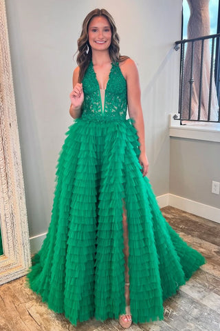 Green A-Line V-Neck Lace Top Long Tulle Prom Dress with Slit