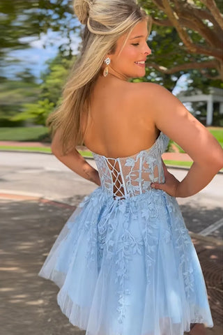 A-Line Strapless Lace Up Short Tulle Homecoming Dress with Appliques