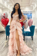 Load image into Gallery viewer, Sparkly Hot Pink A-Line Off The Shoulder Long Tiered Prom Dress With  Appliques
