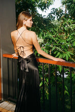 Load image into Gallery viewer, Simple A Line Spaghetti Straps Black Long Prom Dress with Criss Cross Back
