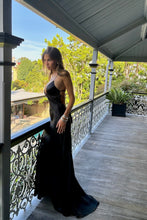 Load image into Gallery viewer, Simple A Line Spaghetti Straps Black Long Prom Dress with Criss Cross Back
