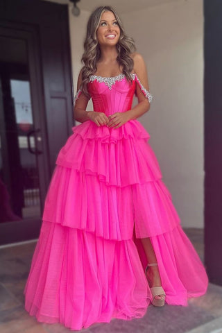 Hot Pink A-Line Off The Shoulder Long Tulle Prom Dress with Slit and Beading