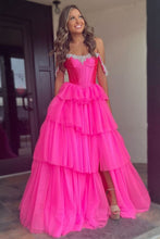 Load image into Gallery viewer, Hot Pink A-Line Off The Shoulder Long Tulle Prom Dress with Slit and Beading
