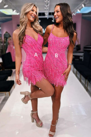 Hot Pink Bodycon Spaghetti Straps Short Sequin Homecoming Dress With Fringe
