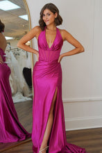 Load image into Gallery viewer, Hot Pink Mermaid Halter Neck Backless Long Satin Prom Dress with Slit
