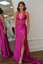 Load image into Gallery viewer, Hot Pink Mermaid Halter Neck Backless Long Satin Prom Dress with Slit
