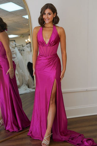 Hot Pink Mermaid Halter Neck Backless Long Satin Prom Dress with Slit