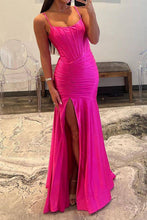 Load image into Gallery viewer, Hot Pink Mermaid Spaghetti Straps Long Satin Prom Dress With Split
